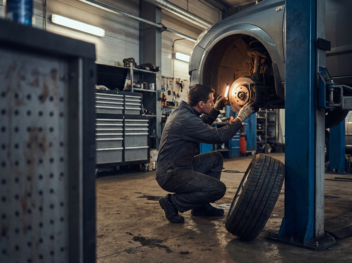 Mechaniker prĂźft mit Taschenlampe die Bremse eines angehobenen Fahrzeugs in der Werkstatt