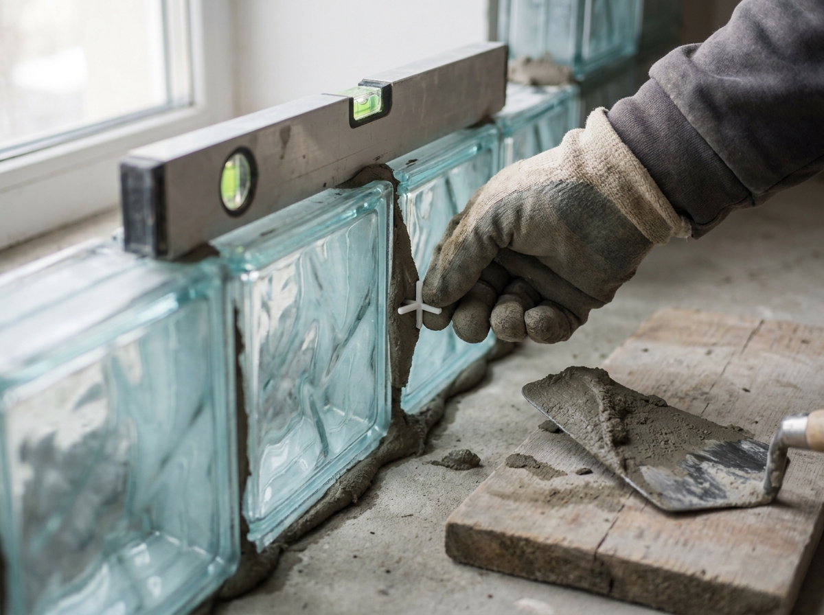 Handwerker setzt Abstandhalter in die Mörtelfuge der ersten Glasbausteinreihe und prüft mit der Wasserwaage