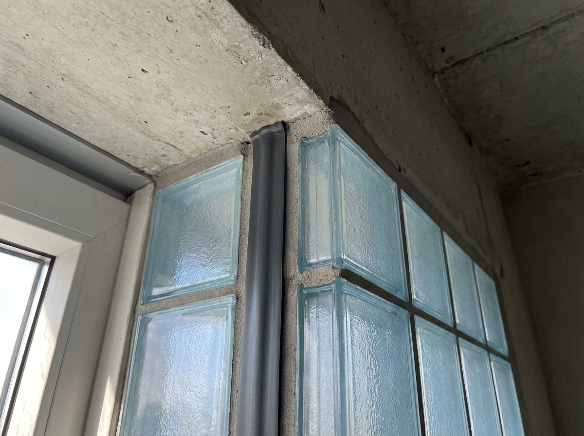 Dehnfuge mit dauerelastischem Dichtstoff zwischen Glasbausteinwand und Betondecke