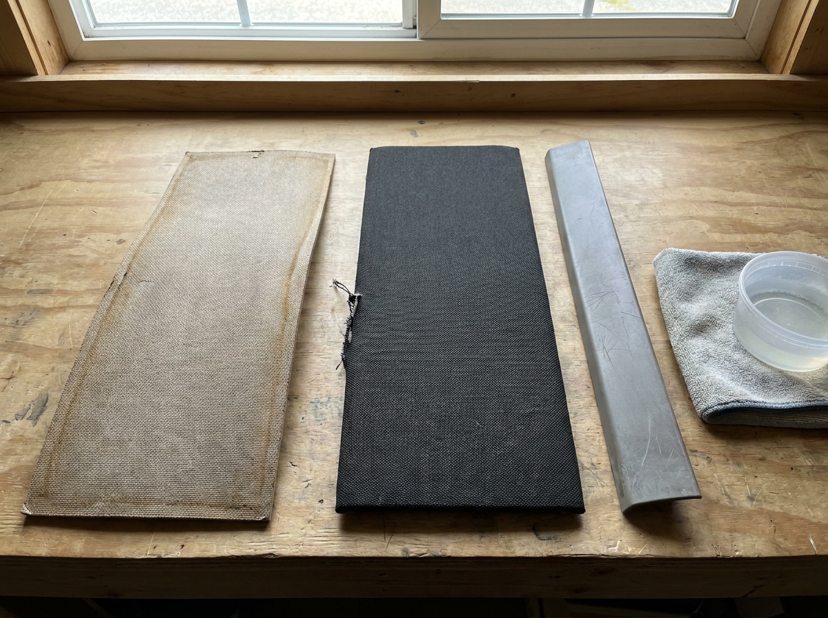 Trägerplatte, Stoffbezug und Zierleiste einzeln nebeneinander zur getrennten Materialbewertung ausgelegt