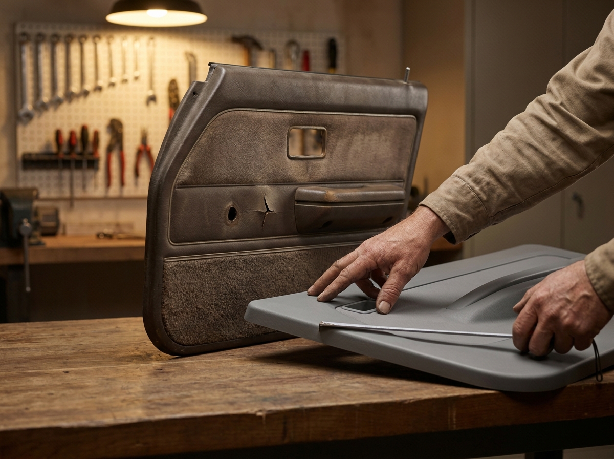 Beschädigte Oldtimer-Türverkleidung neben unbeschädigter Standard-Ersatzverkleidung zum Vergleich von Reparatur und