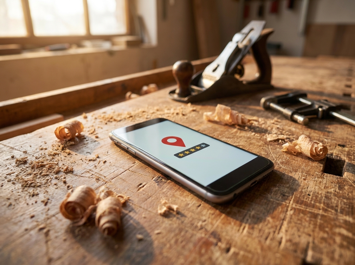 Smartphone mit Standort-Markierung auf Werkbank in einer Handwerkswerkstatt