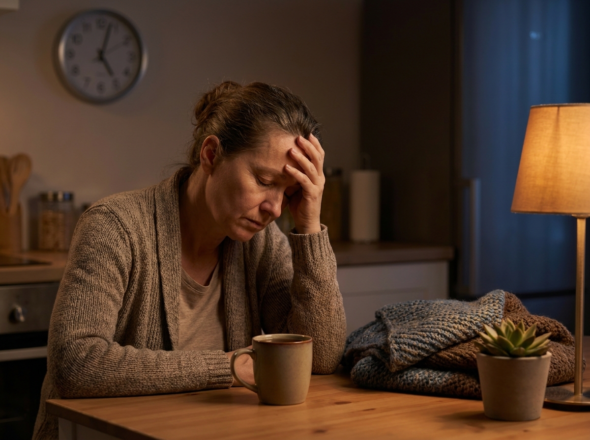 Erschöpfte pflegende Angehörige sitzt allein und müde am Küchentisch am Abend