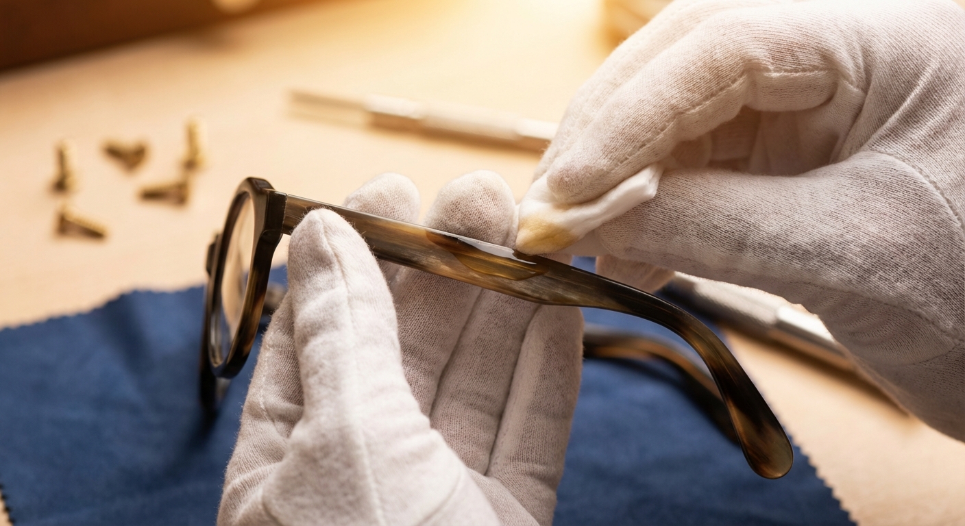 Nahaufnahme einer Hornbrille bei der Pflege mit Spezialöl auf einem Optiker-Arbeitstisch