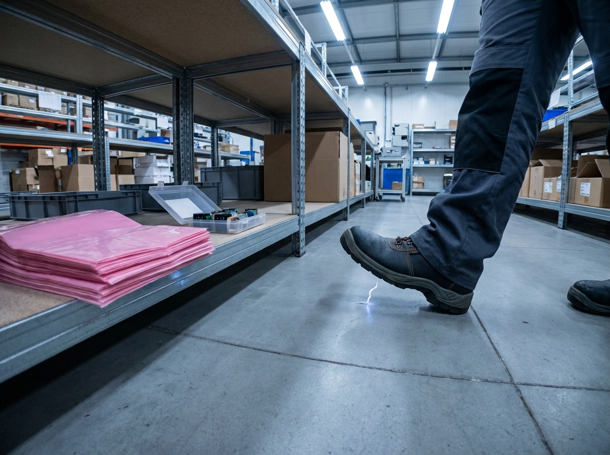 Statische Entladung am Schuh eines Mitarbeiters neben unmarkierten rosa Kunststoffbeuteln im Lager