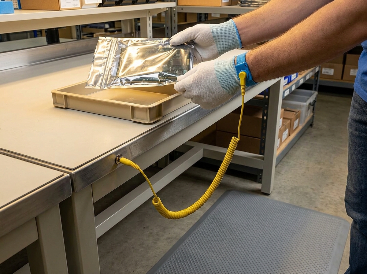 Mitarbeiter mit Erdungsarmband verpackt Bauteil in abschirmendem Beutel an einer Schutzzonen-Station