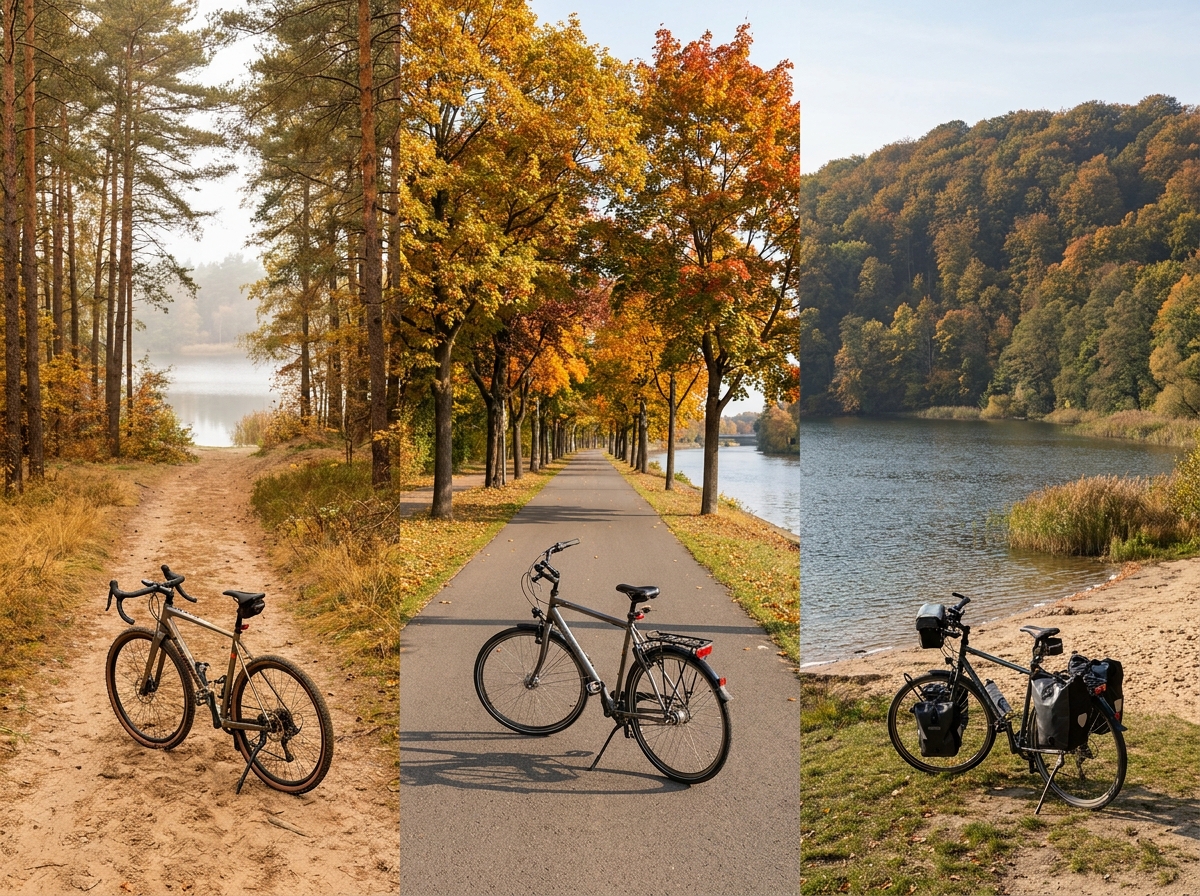 Drei Berliner Herbstlandschaften mit passenden Fahrrädern: Waldweg, Parkallee und Seeufer im Vergleich