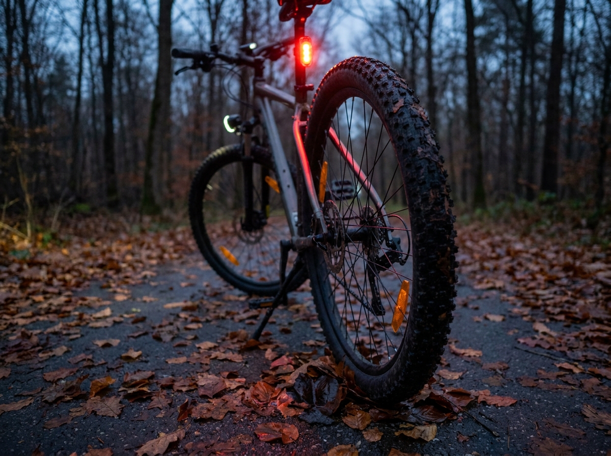 Fahrrad mit griffigem Reifenprofil und leuchtendem Rücklicht auf nassem Laub in der Herbstdämmerung