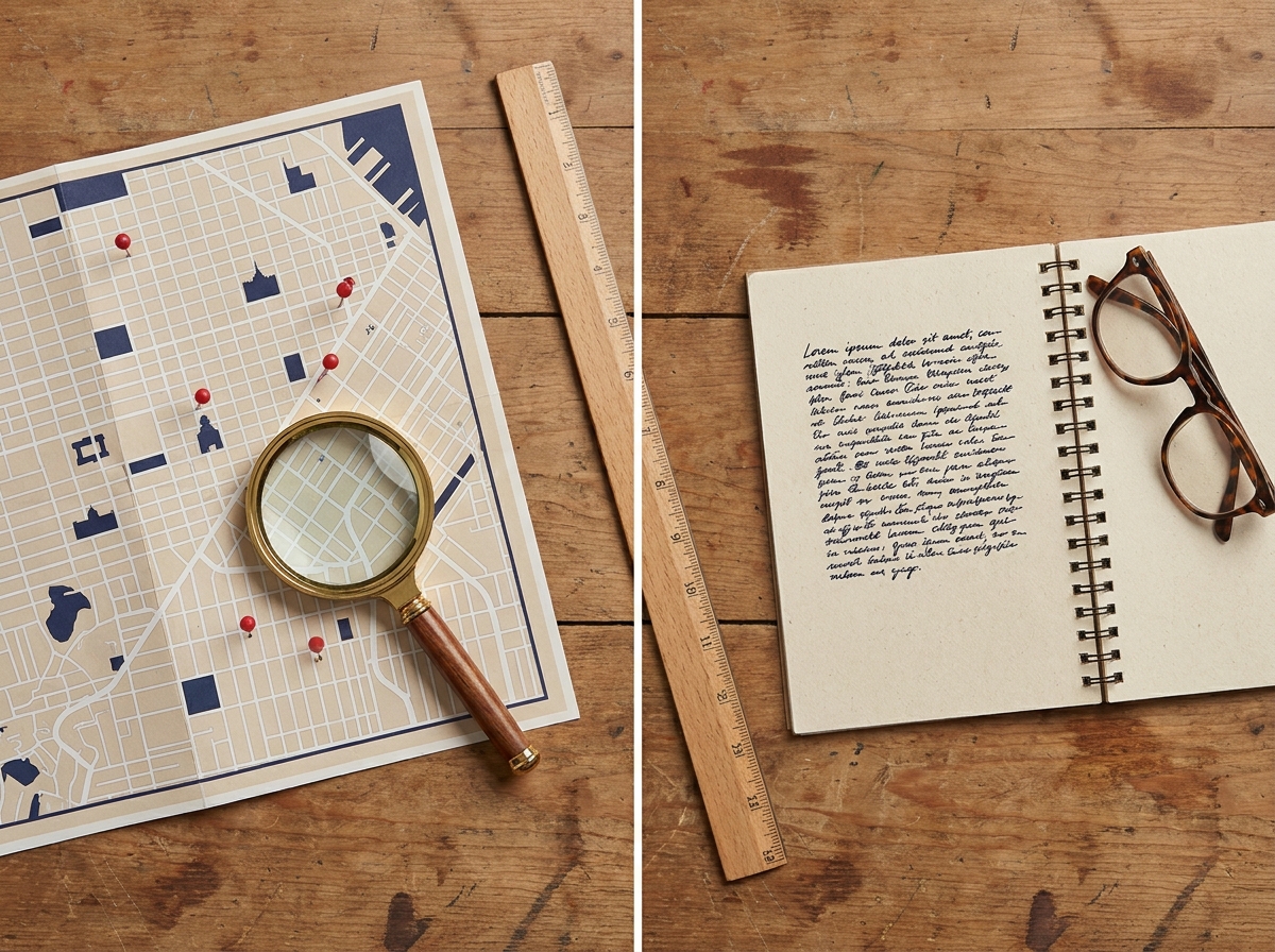 Schreibtisch mit Stadtplan und Lupe auf einer Seite sowie einem Notizbuch mit langem Text auf der anderen Seite