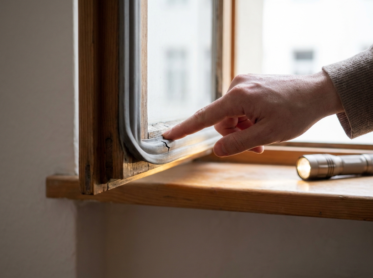 Person prüft mit der Hand eine spröde Fensterdichtung am geöffneten Altbaufenster