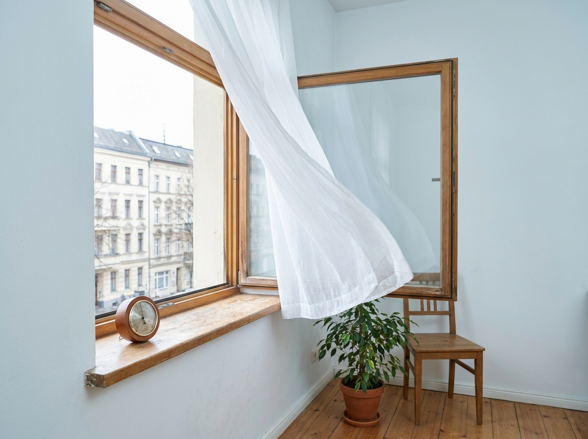 Weit geöffnetes Fenster mit Hygrometer auf der Fensterbank für richtiges Stoßlüften