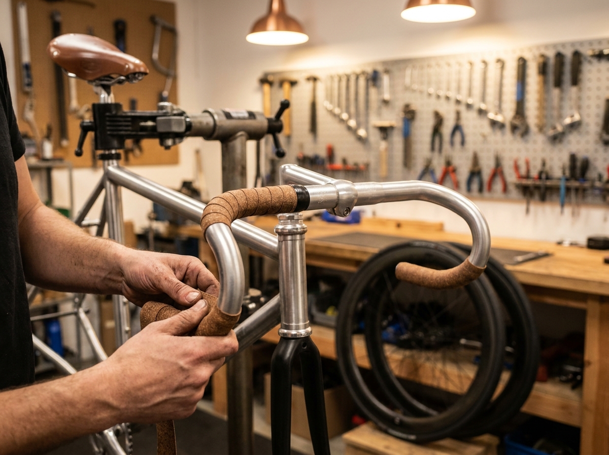 Mechaniker umwickelt den Lenker eines Rennrads mit neuem Lenkerband während des individuellen Aufbaus
