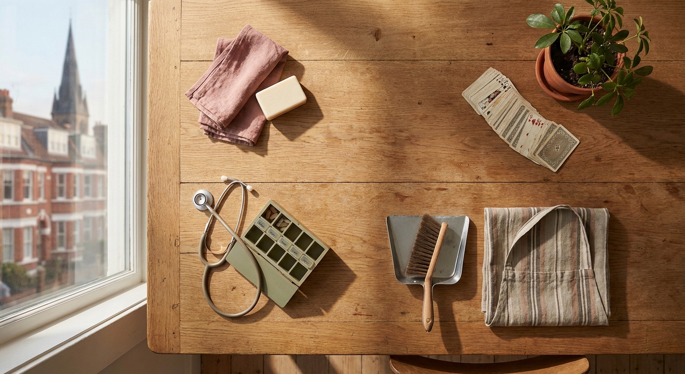 Flat-Lay mit Pflegeartikeln für Grundpflege, Behandlungspflege und Hauswirtschaft in einer Altbauwohnung