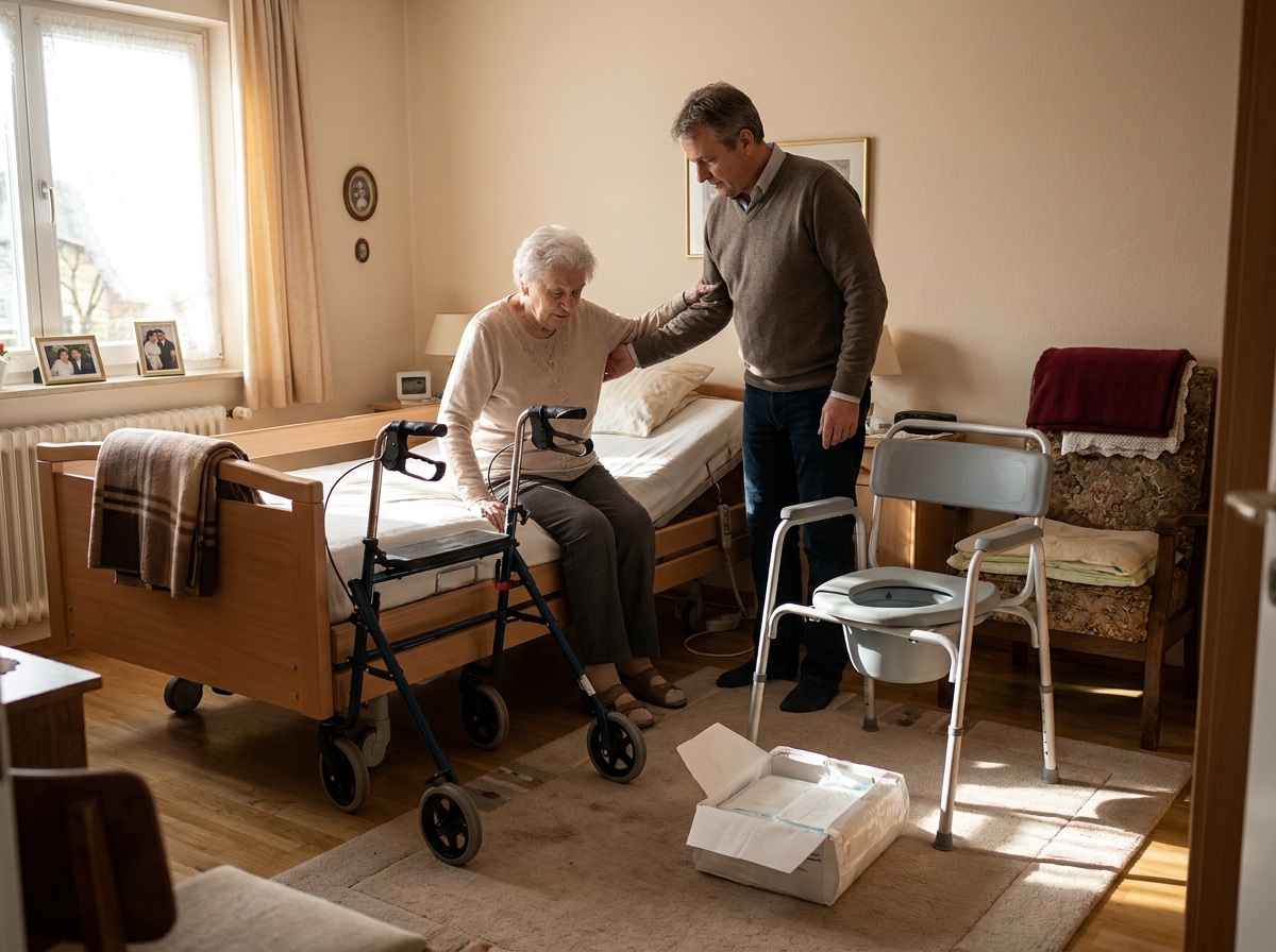 Wohnraum mit sichtbar bereitgestelltem Rollator, Toilettenstuhl und Pflegebett zur Terminvorbereitung