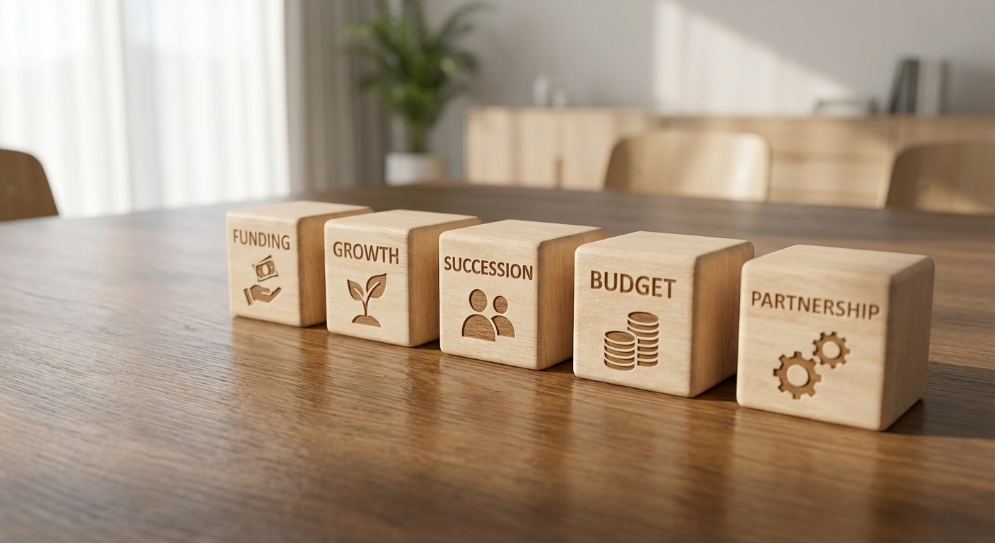 Fünf aufsteigende Holzbausteine als Symbol für strategische Geschäftsschritte auf Konferenztisch