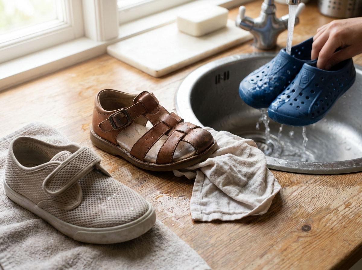 Wasserschuh wird abgespült, daneben Lederandale und waschbarer Sneaker zur Pflege
