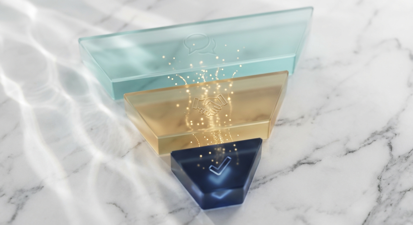 GlĂ€serner Marketing-Funnel in drei Stufen von Teal ĂŒber Gold zu Navy auf MarmorflĂ€che