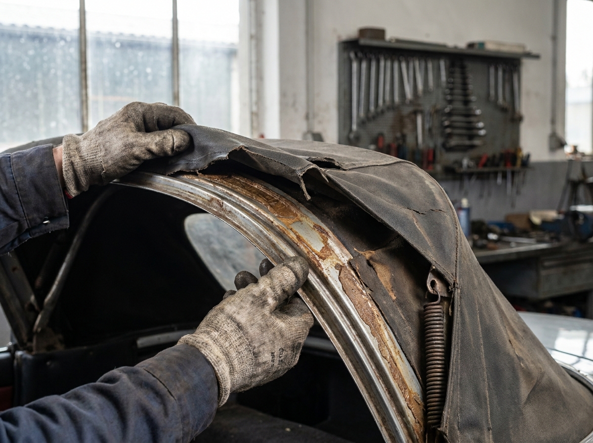Werkstattmitarbeiter demontiert vorsichtig altes Faltdach vom Metallrahmen