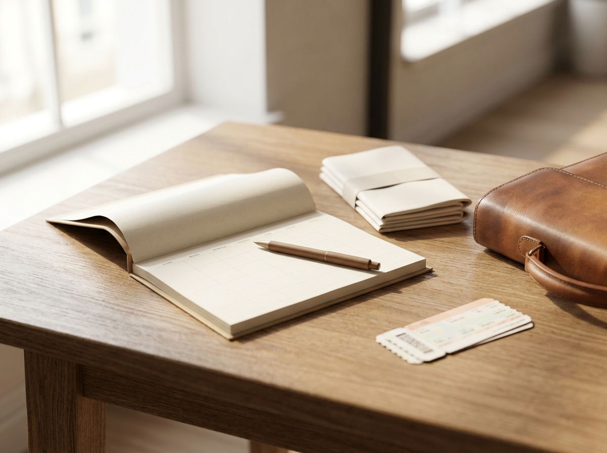 Schreibtisch mit Kalender, Fahrkarte und Dokumenten für eine Dienstreise
