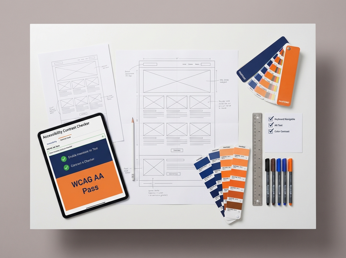 Draufsicht auf Webdesign-Planung mit Wireframes, Barrierefreiheits-Tools und Farbmustern auf weißem Schreibtisch