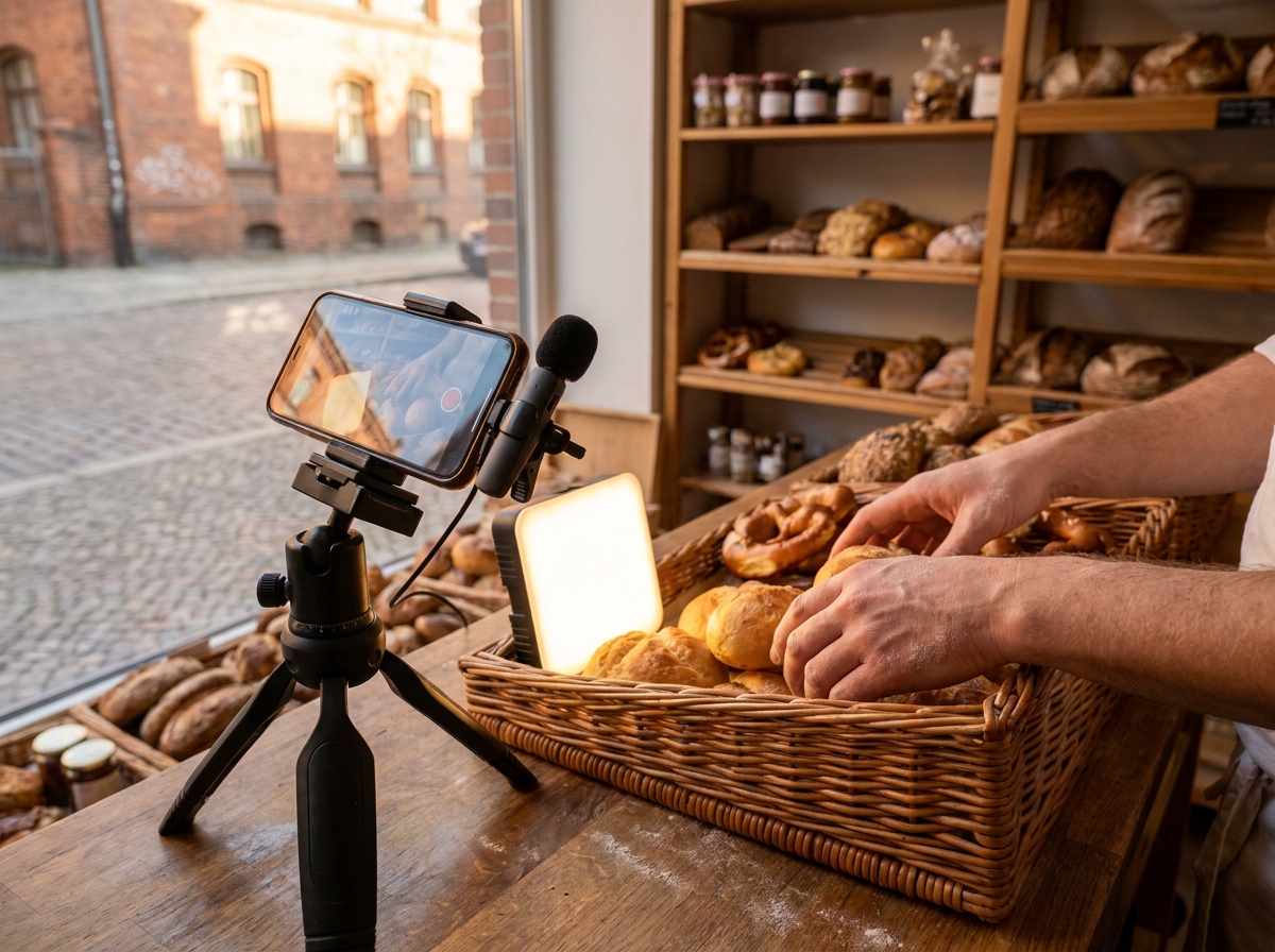 Smartphone auf Stativ filmt Hände beim Anrichten von Brötchen in einer kleinen Berliner Bäckerei.