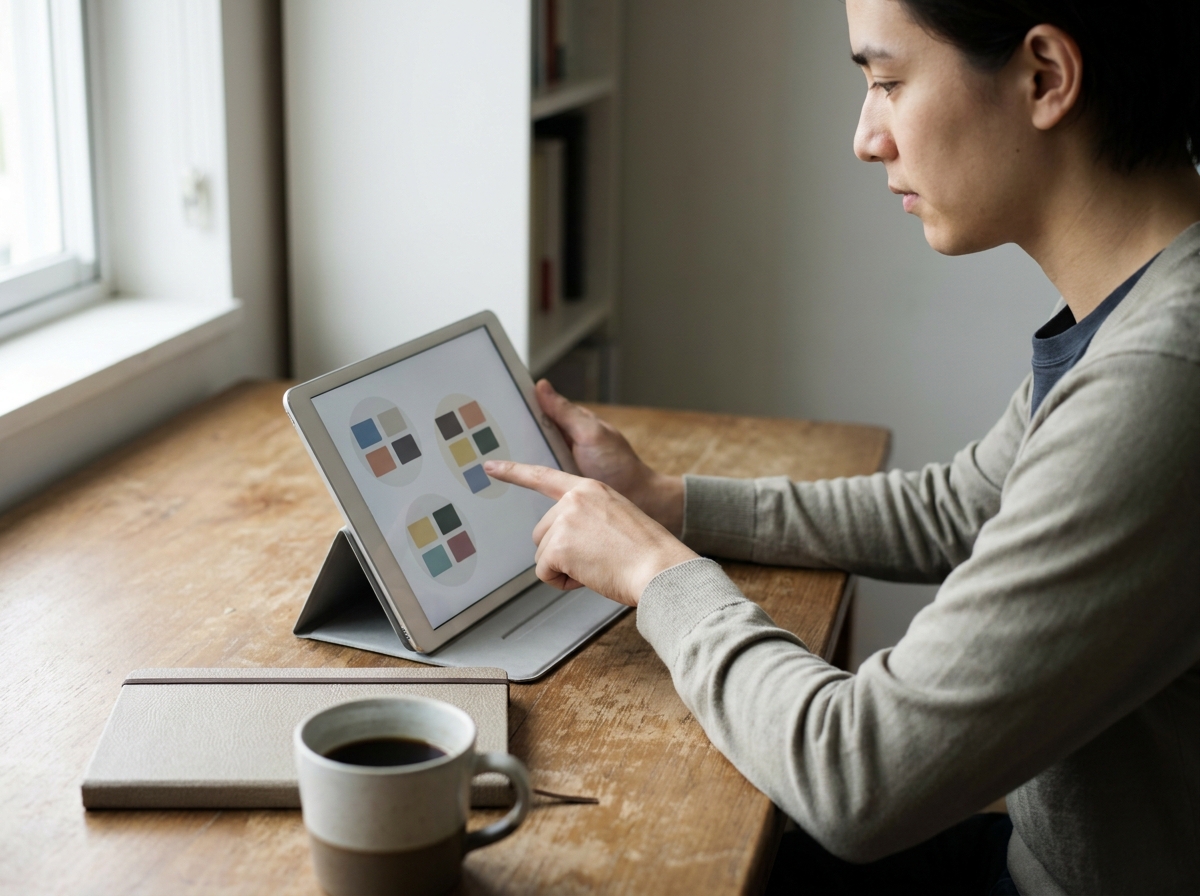 Unternehmerin zeigt auf gruppierte Kontaktkarten auf einem Tablet-Bildschirm zur Kundensegmentierung.