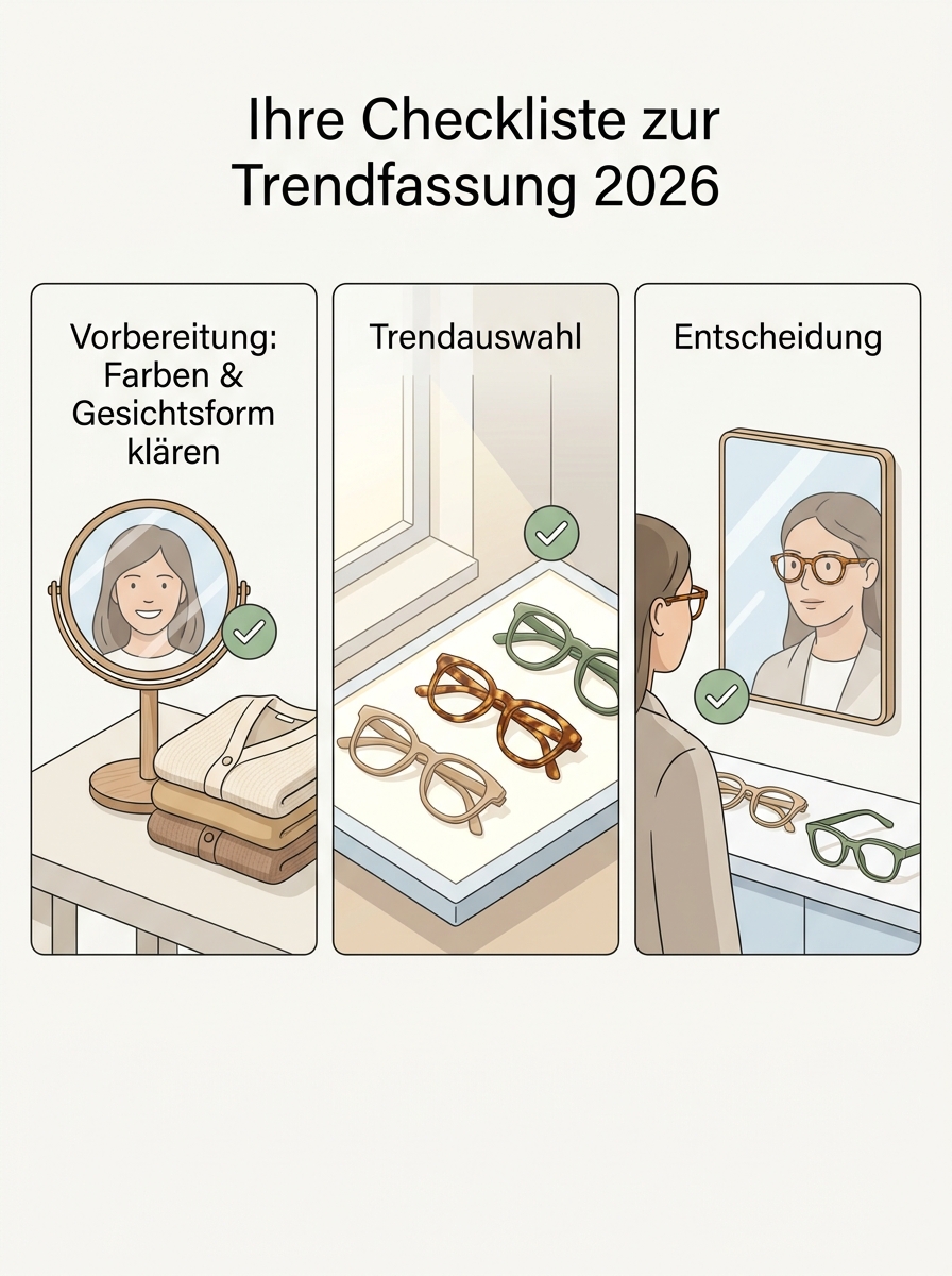 Checklisten-Visual: Trendanalyse Herbst/Winter 2026 – warme Töne, Acetat-Muster und Vintage-Revival