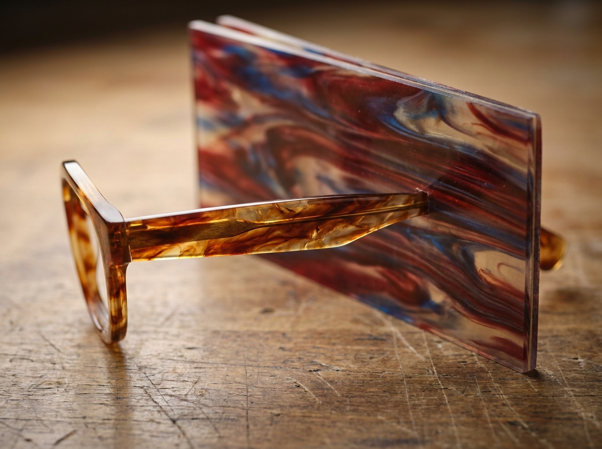 Marmoriertes Acetat-Brillenmaterial mit changierender Schichtstruktur im Licht