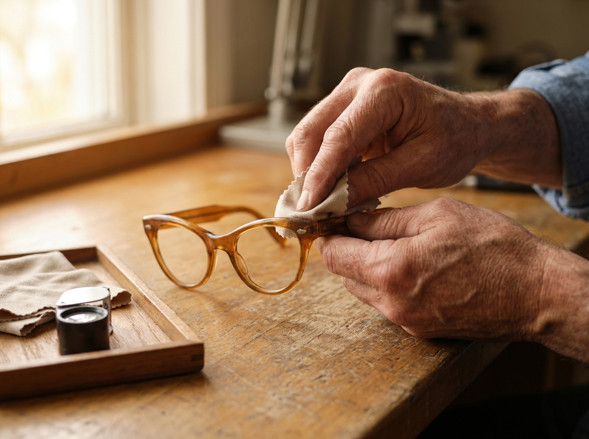 Optiker restauriert eine echte Vintage-Brillenfassung aus den 1950er-Jahren