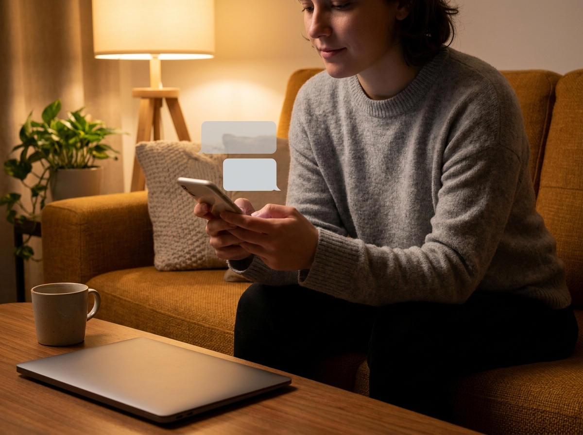 Junge Person sitzt zu Hause auf dem Sofa und schaut konzentriert auf ein Smartphone mit Chat-Symbol