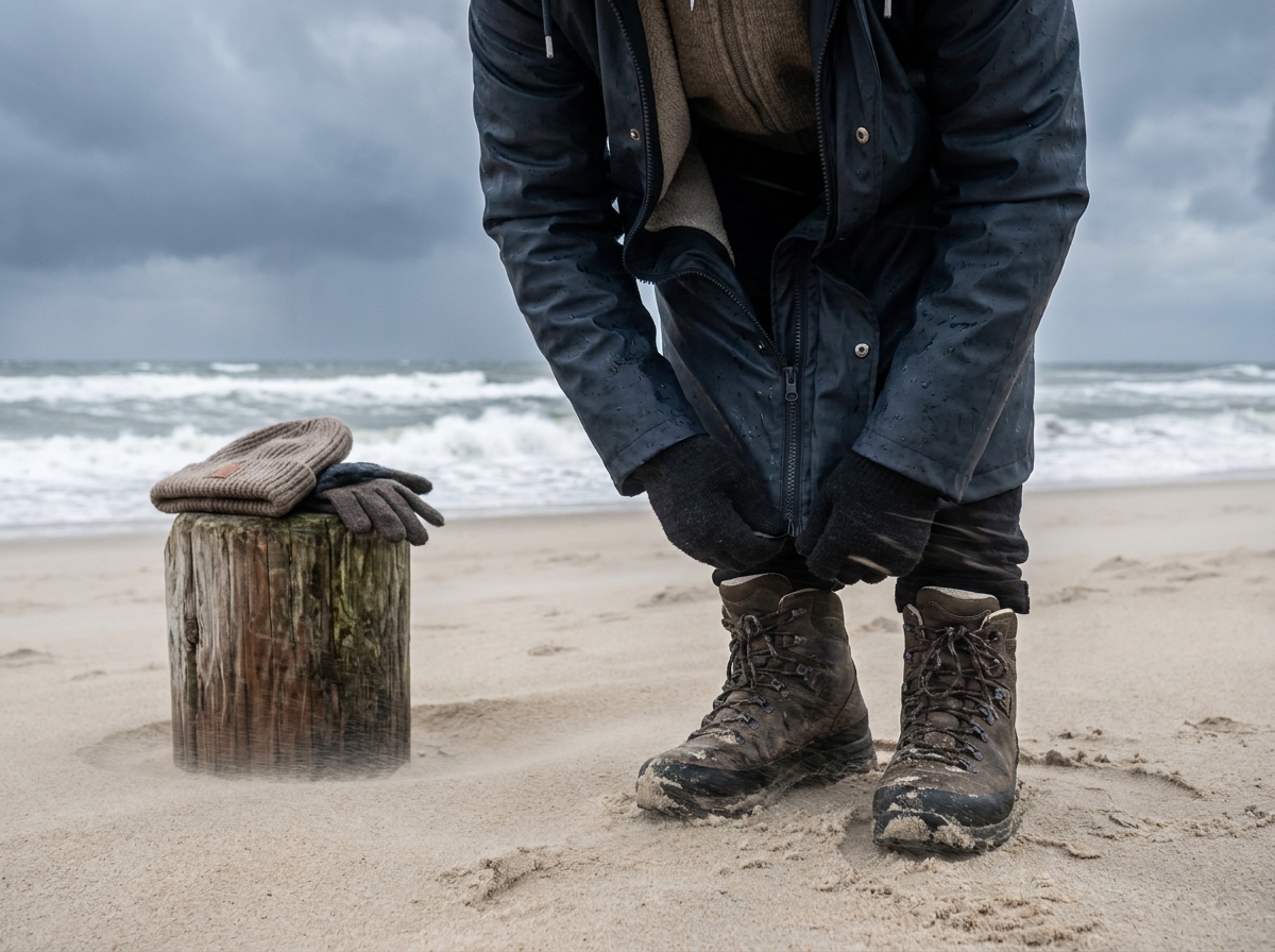 Person zieht am windigen Sylter Strand wetterfeste Jacke und feste Schuhe für einen Sturmspaziergang an