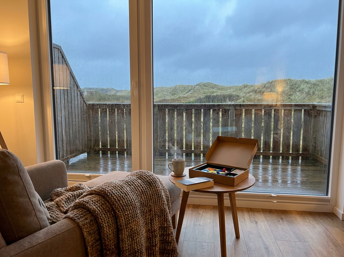 Gemütliches Wohnzimmer mit Echtholzboden und Dünenblick bei Regenwetter auf Sylt