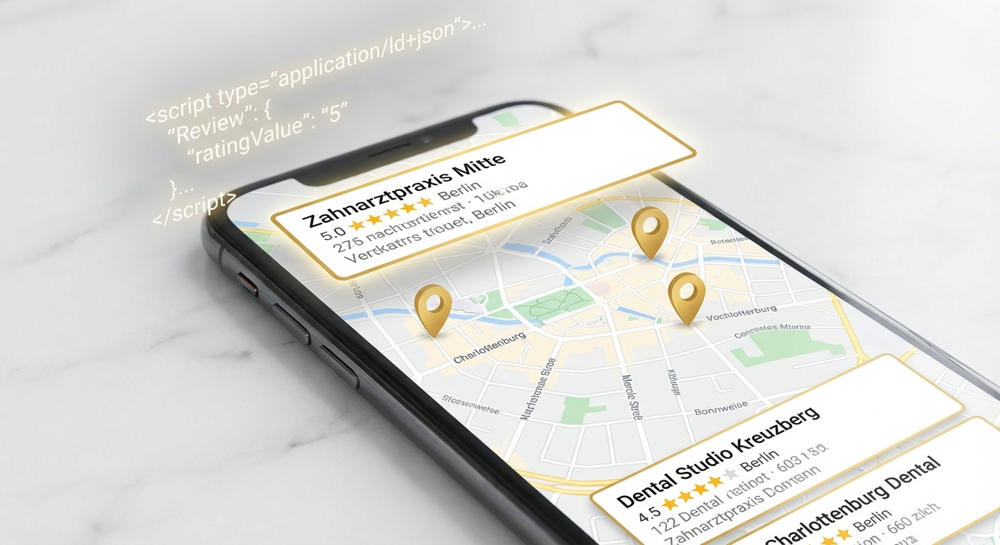 Smartphone zeigt Google Maps Suchergebnisse für Zahnarztpraxen mit Sternebewertungen