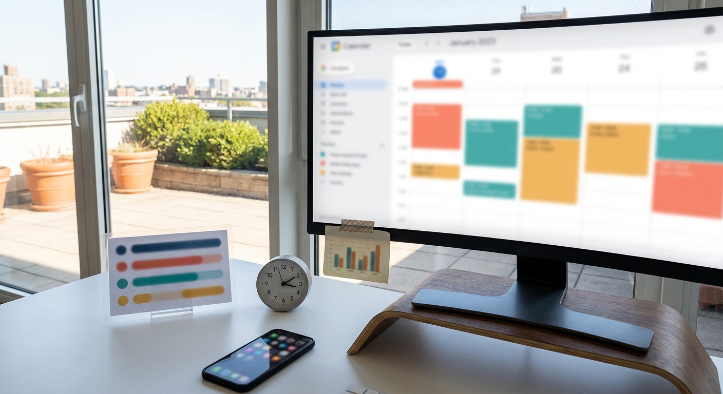 Arbeitsplatz mit unscharfem Content-Kalender auf Monitor, Übergabedokument und sommerlichem Berliner Ausblick