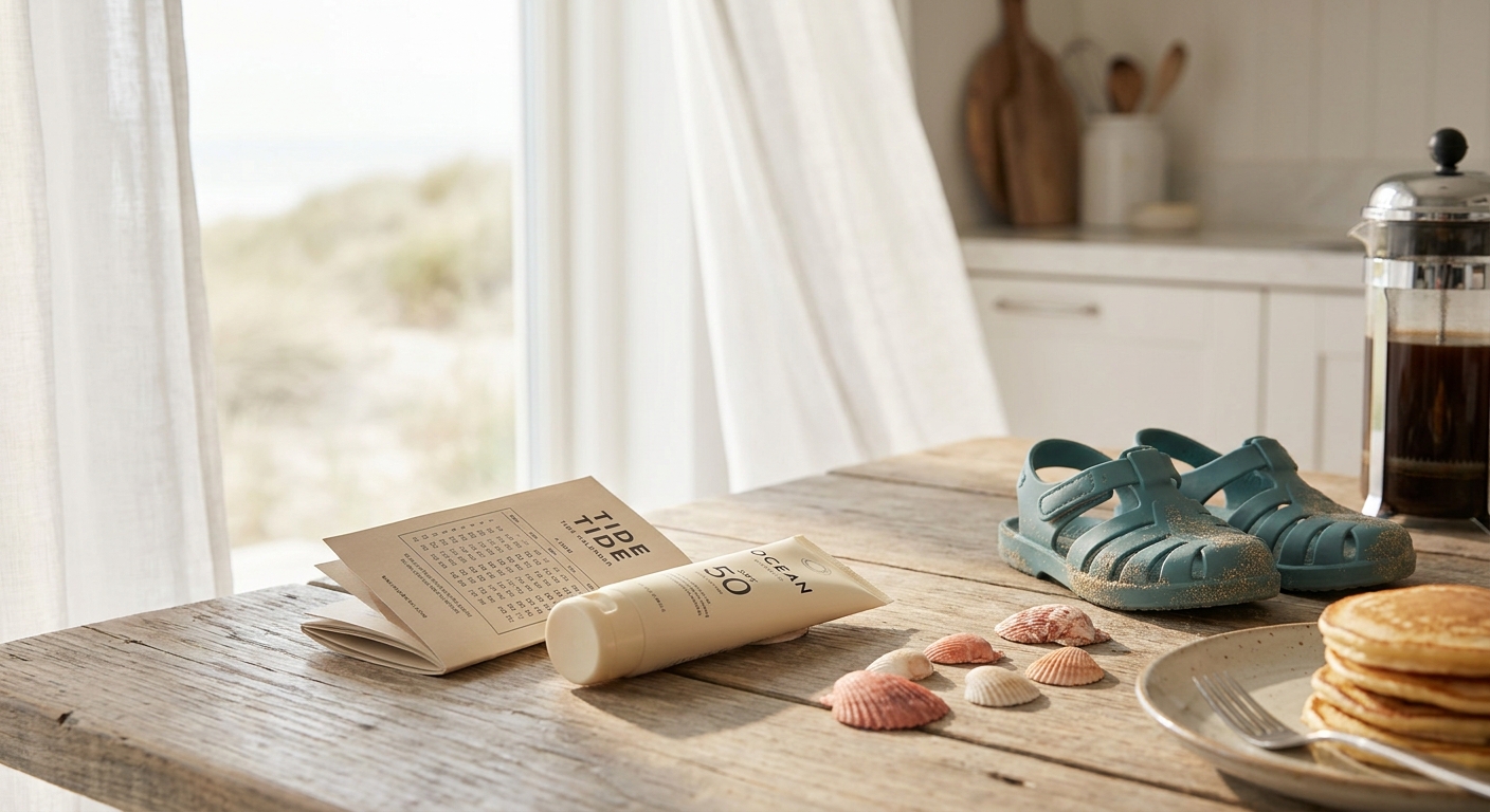 Urlaubsstillleben mit Tidenkalender, Sonnencreme und Kindersandalen in heller Ferienwohnung
