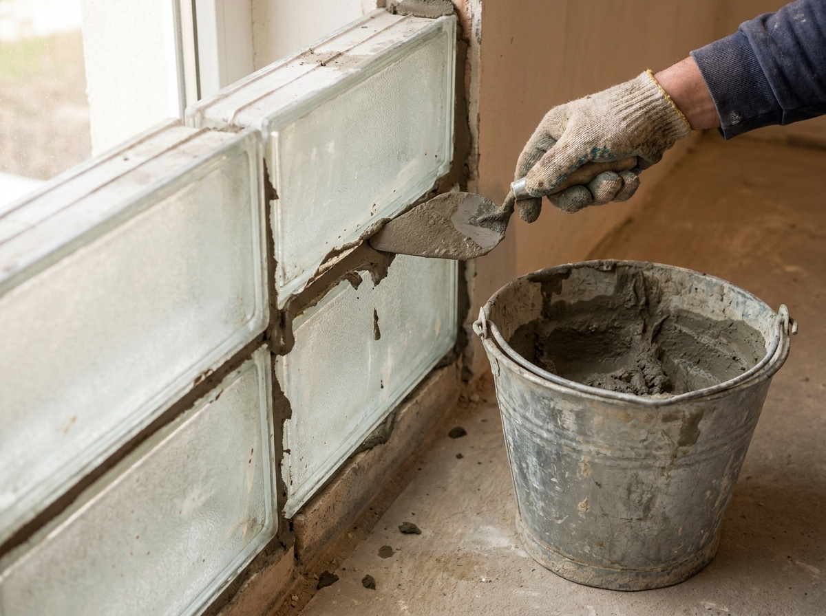 Handwerker verfugt eine Glasbausteinwand mit frischem grauem Zementmörtel