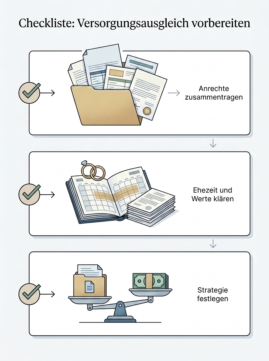 Checklisten-Visual: Versorgungsausgleich und Rentenansprüche – Aufteilung, Ausgleichszahlungen, private und betriebliche Altersvorsorge