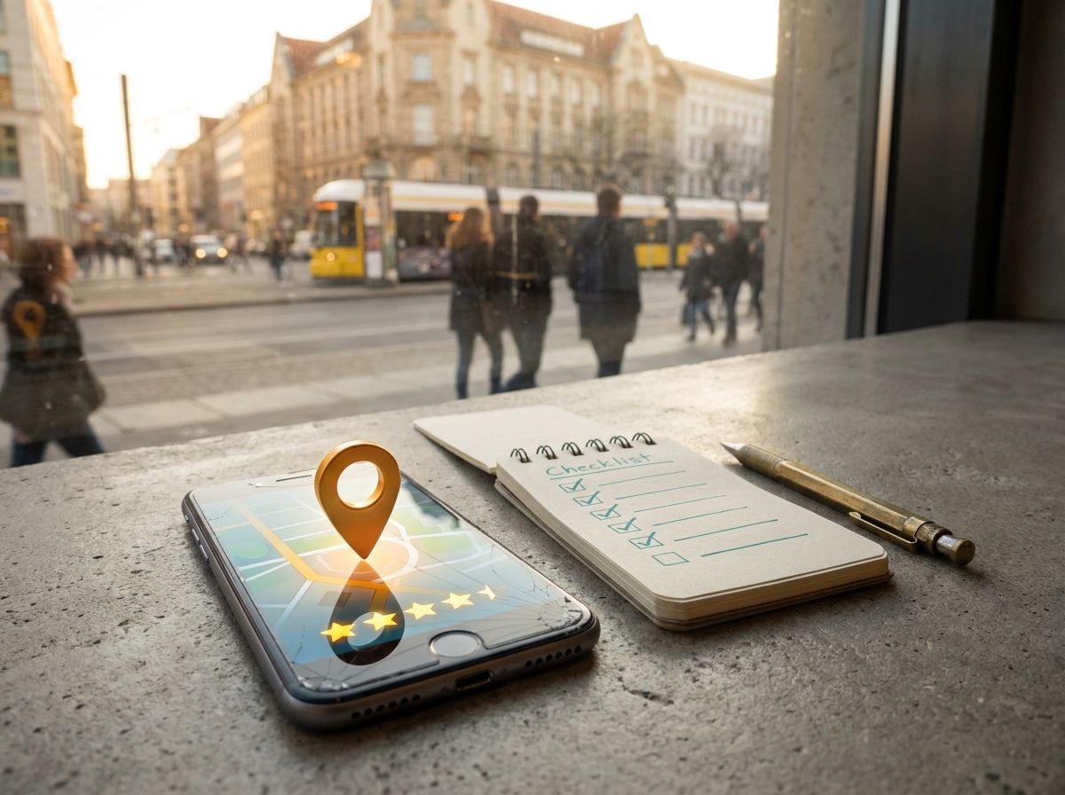 Smartphone mit Kartenansicht und Bewertungssternen neben einem Notizbuch auf einer Ladentheke