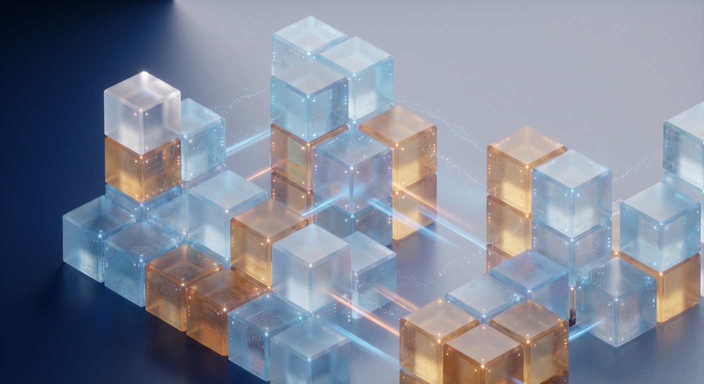 Isometrische 3D-Darstellung modularer Bausteine als Symbol fĂĽr flexible Webshop-Architektur