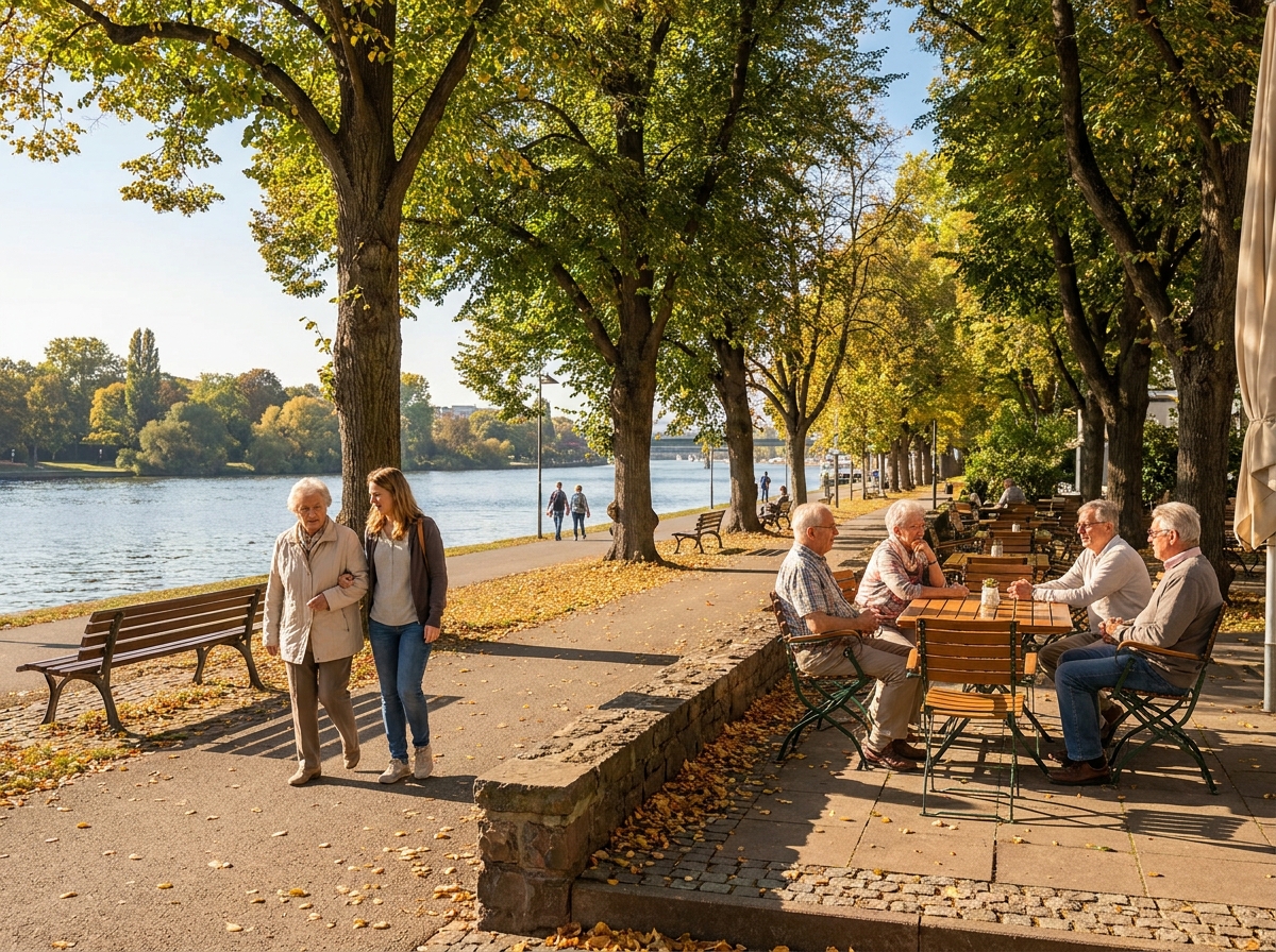 Ältere Person geht begleitet am Flussufer entlang, im Hintergrund Senioren im Gespräch an einem Tisch