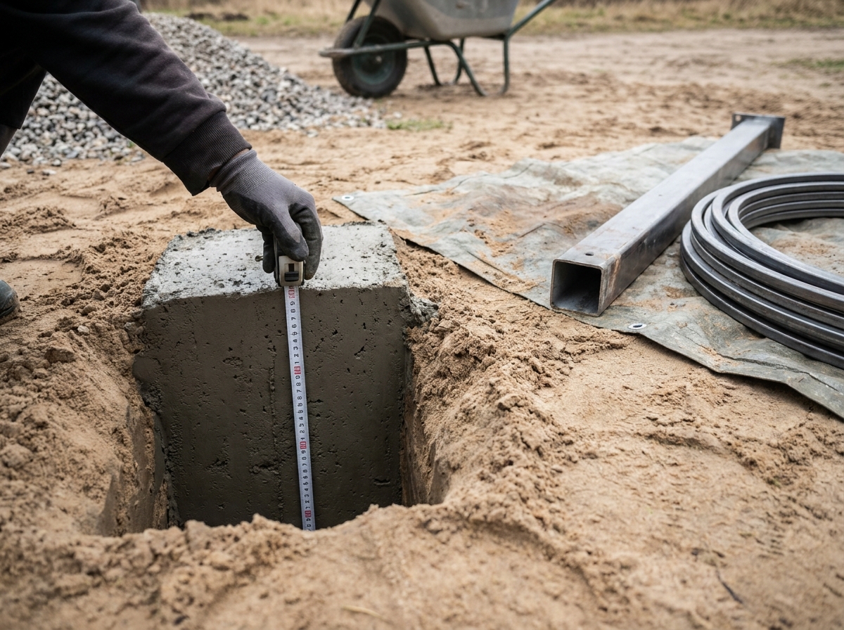 Tiefe Betonfundamentgrube für einen Torpfosten wird in sandigem Boden vermessen