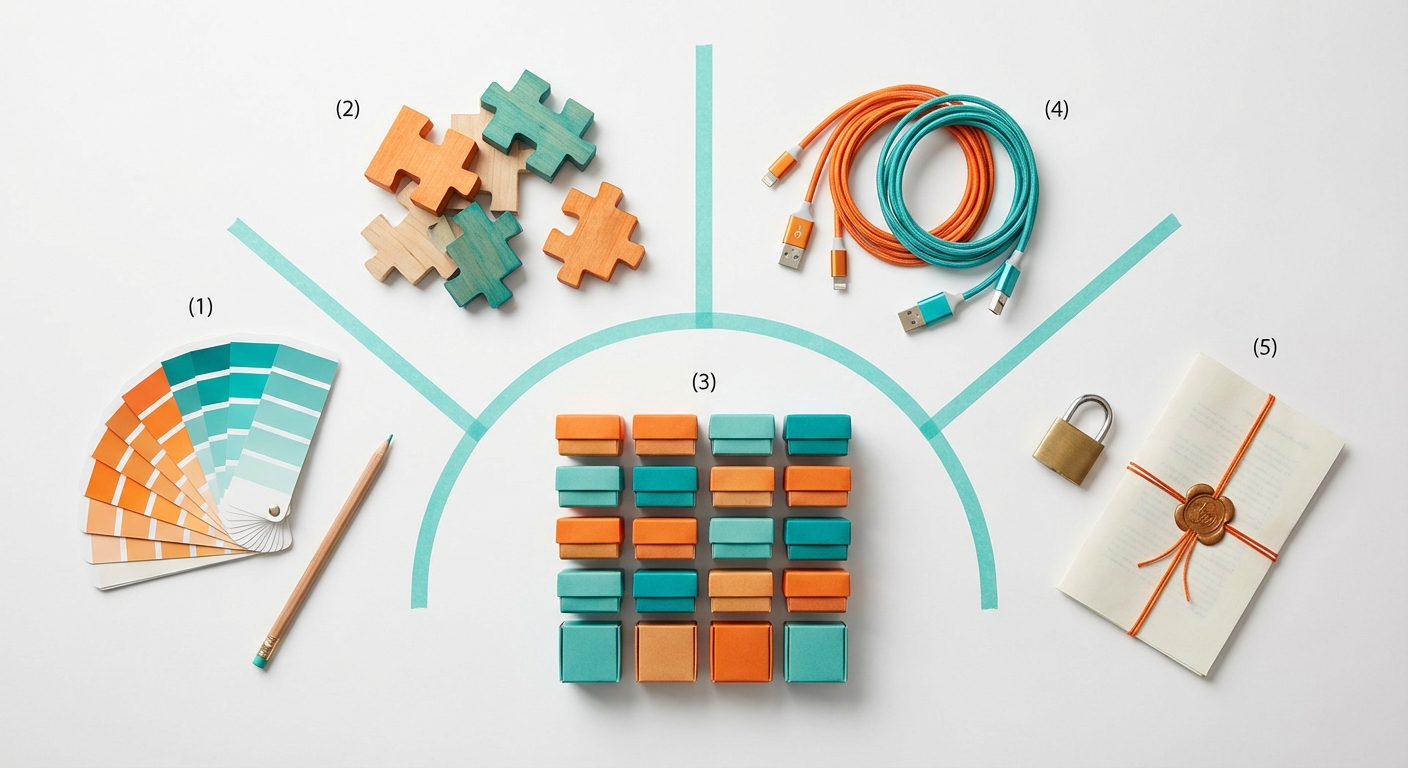 Flat-Lay mit fĂŒnf Objektgruppen, die die gröĂten Kostentreiber eines Webshops symbolisieren