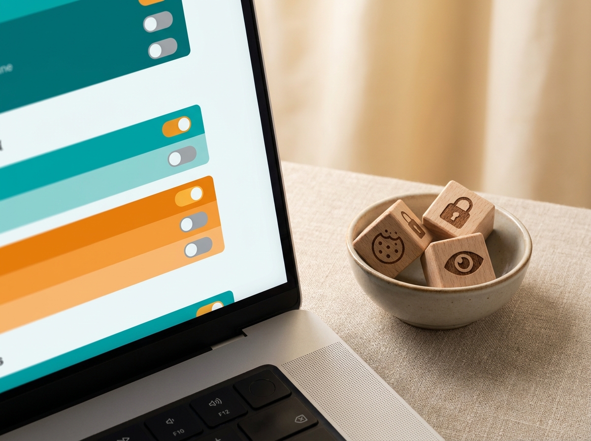 Laptop zeigt Cookie-Einwilligungsoberfläche mit farbigen Kategorie-Schaltern, daneben symbolische Holzwürfel