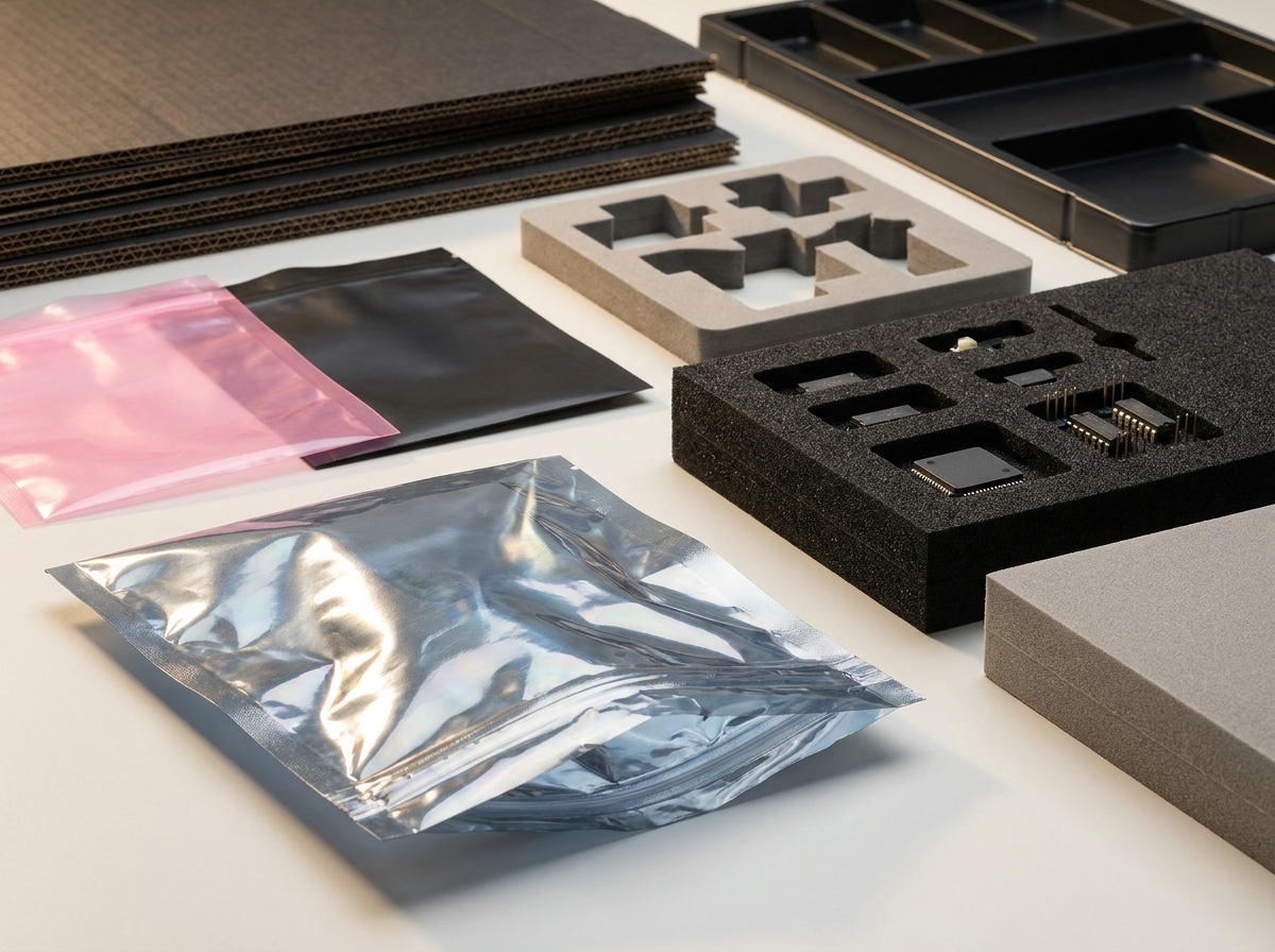ESD-Materialvielfalt: Abschirmbeutel, rosa und schwarze PE-Beutel, leitfähiger Schaum und ESD-Tray