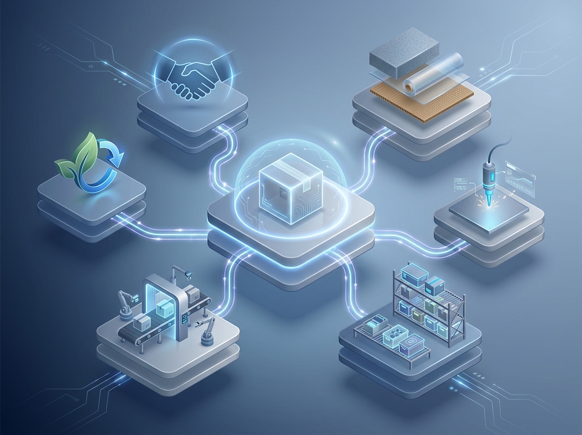 Konzeptuelle Darstellung des ESD-Schutz-Ökosystems mit vernetzten Themenfeldern als isometrische Illustration
