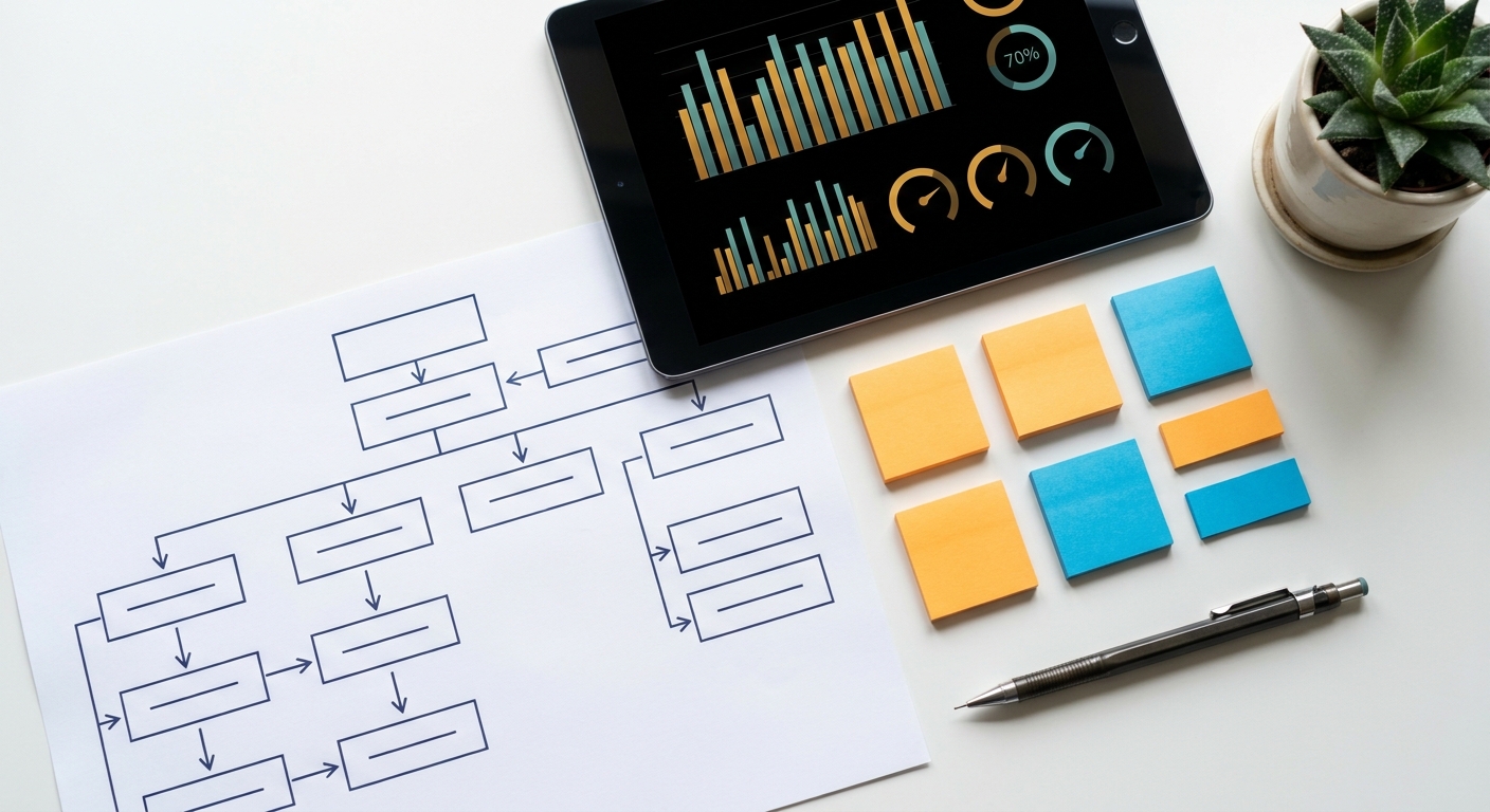 Draufsicht auf Sitemap-Diagramm und Tablet mit Analyse-Grafiken als Symbol für SEO-Bestandsaufnahme