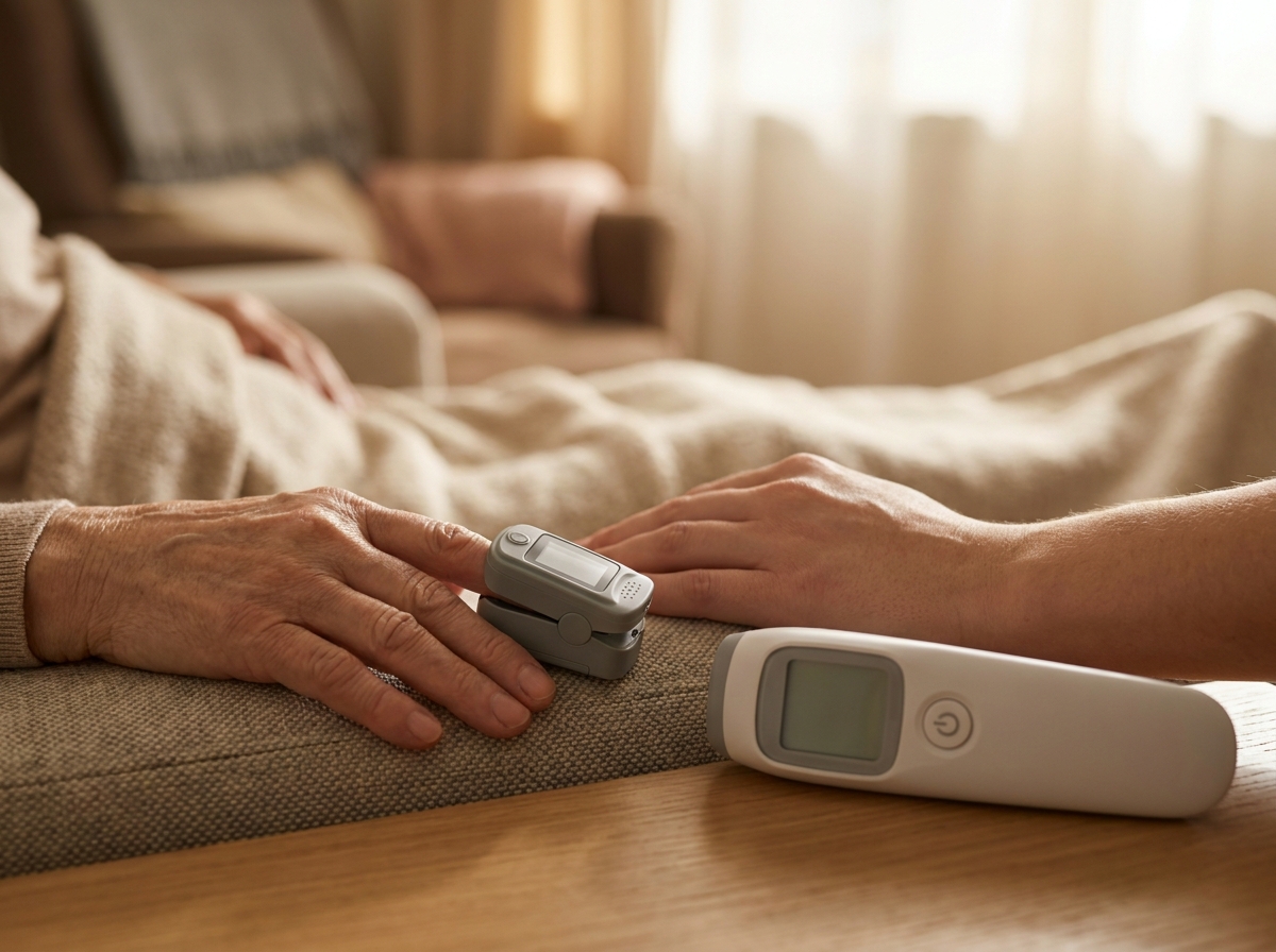 Pulsoximeter an einem warmen Finger einer älteren Person bei ruhiger Messung zu Hause