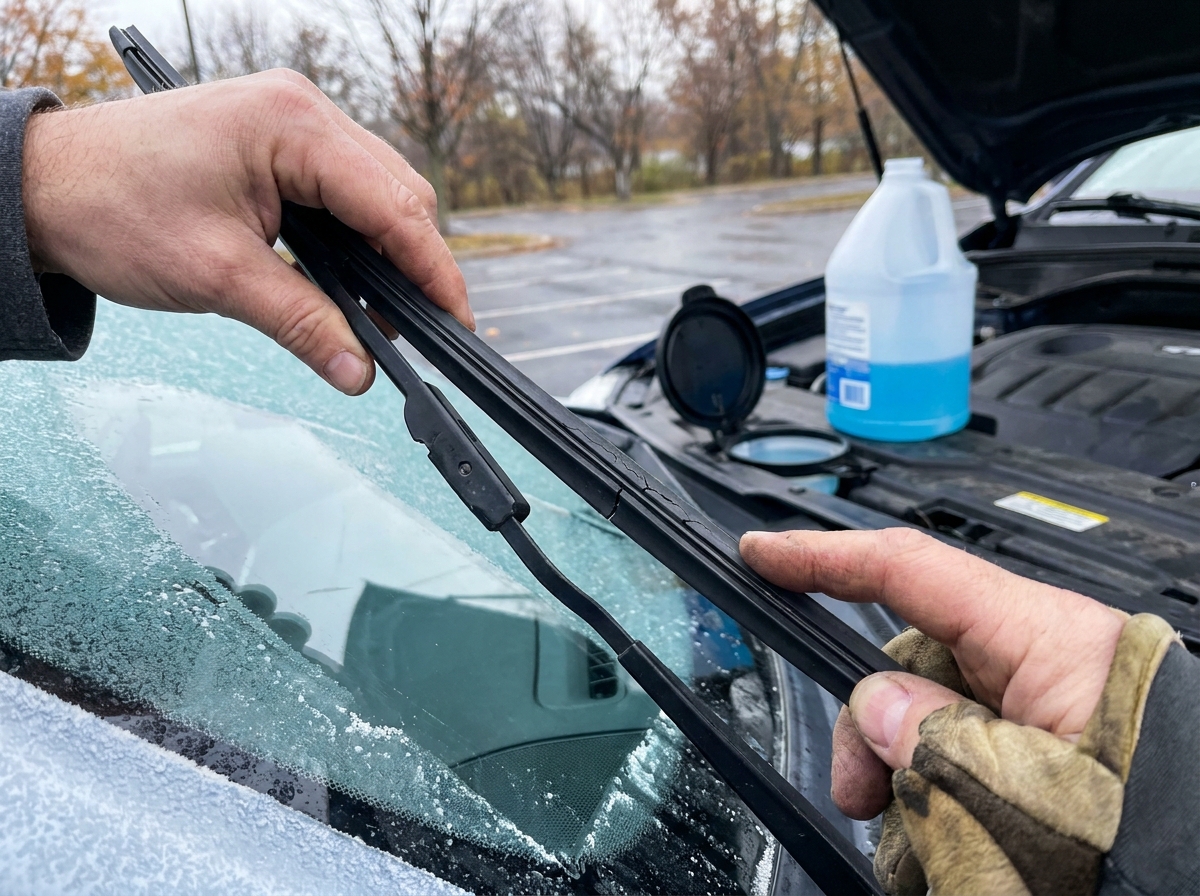 Hände prüfen einen Scheibenwischer auf Risse neben einer geöffneten Frostschutz-Waschanlage