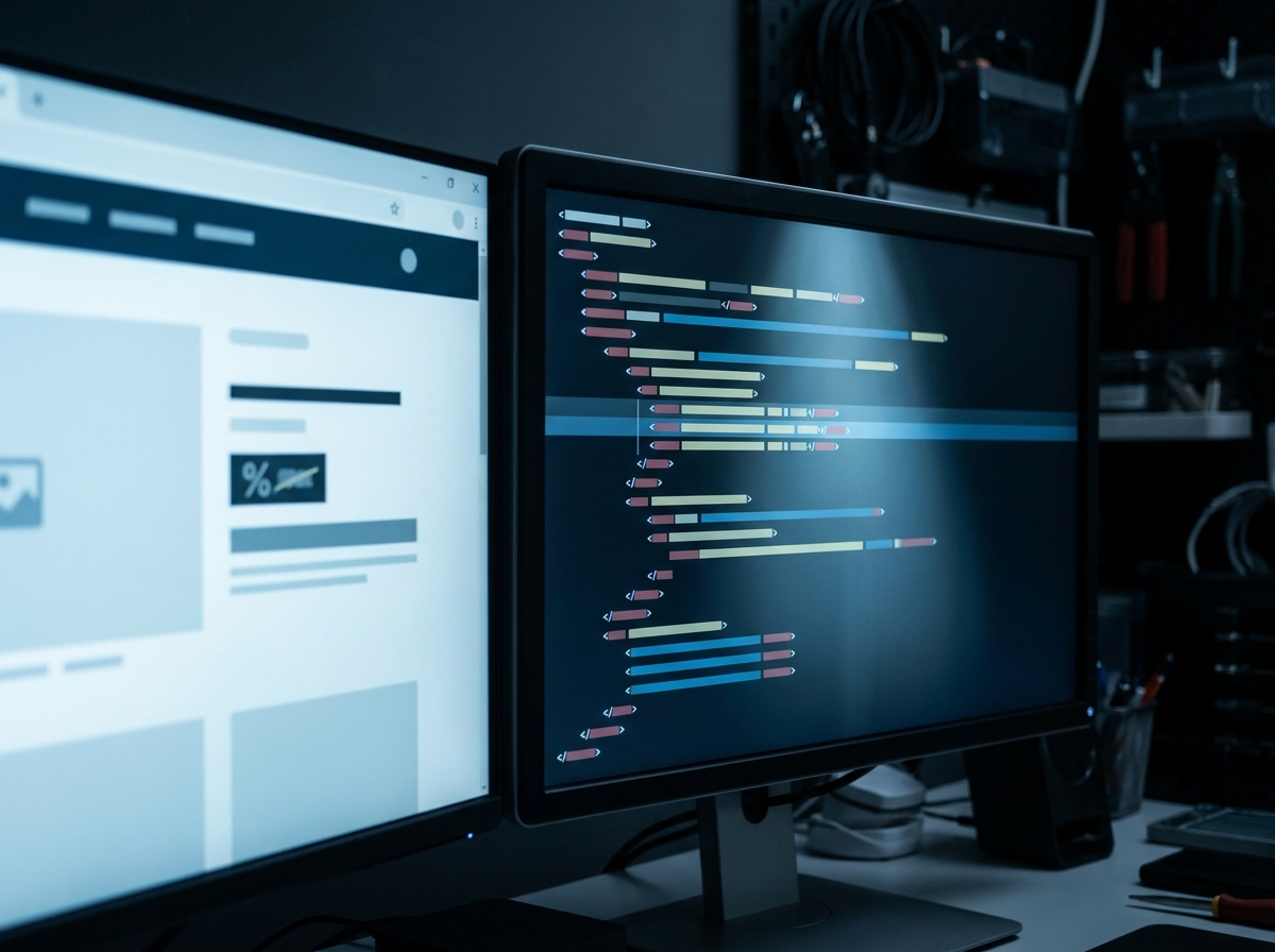 Gerenderte Produktseite neben offenem HTML-Quellcode, in dem der Preis als reiner Text lesbar wird.