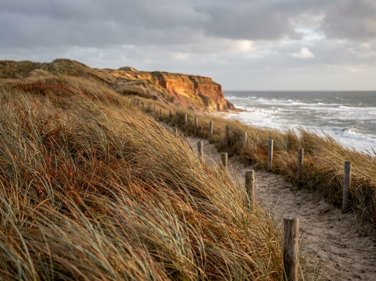 Schmaler Wanderpfad mit Holzpfosten entlang der Dünen am Roten Kliff auf Sylt im Herbstlicht